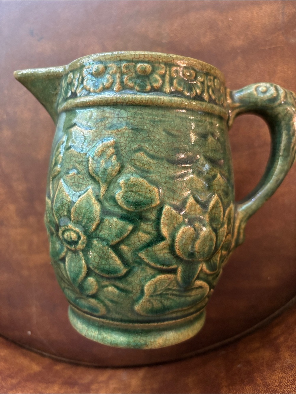 Mccoy Green Floral Relief Ceramic Pitcher